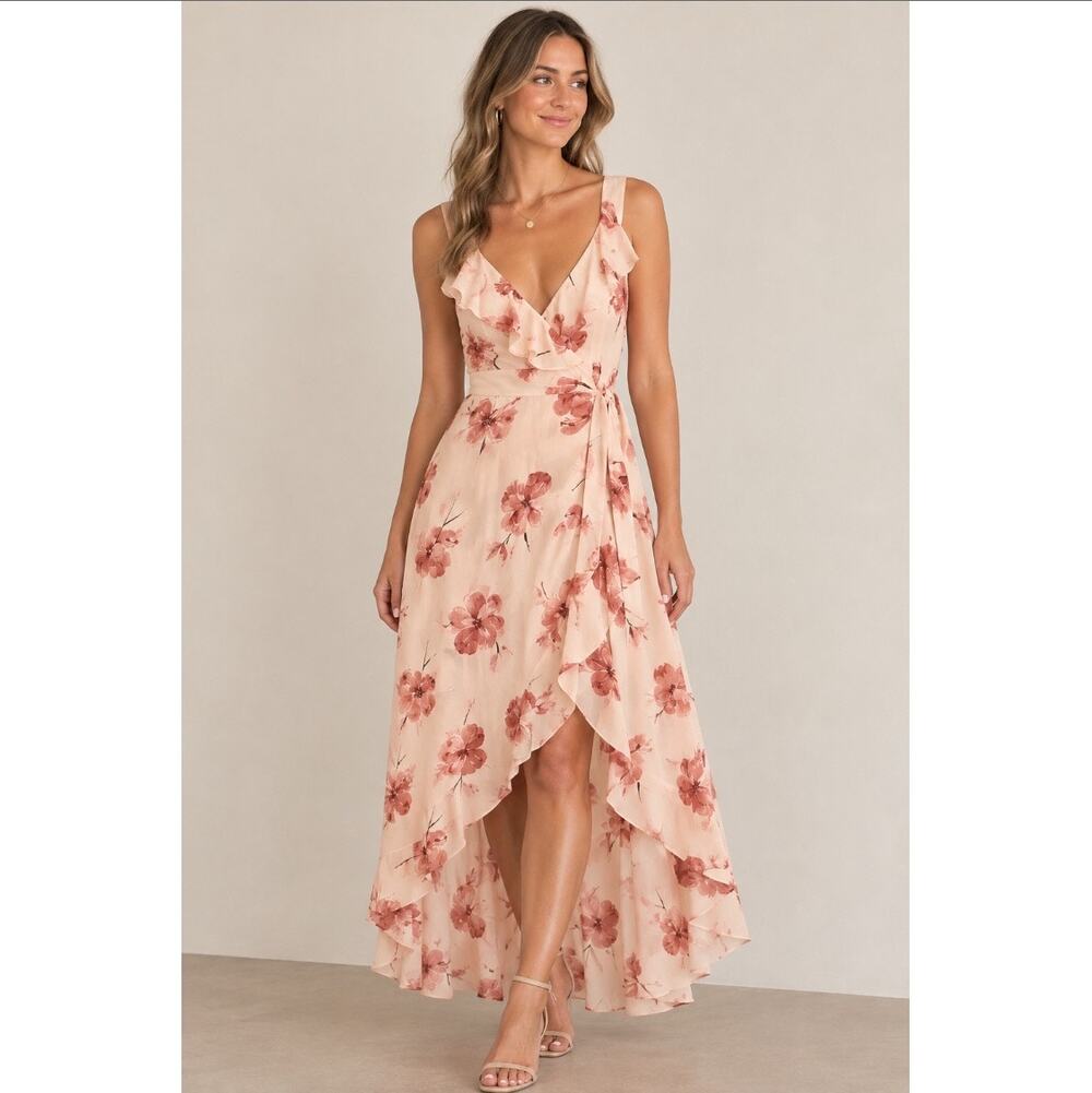 Hutch Anthropologie Light Pink Floral Wrap Maxi Dress Women's Size Large